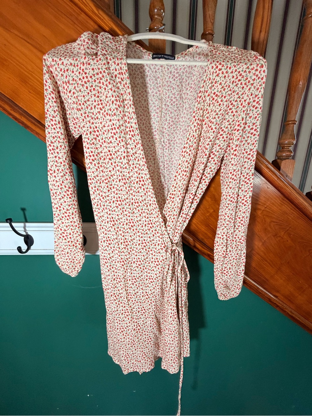 Brandy Melville Cream Wrap Dress with Red Floral Print